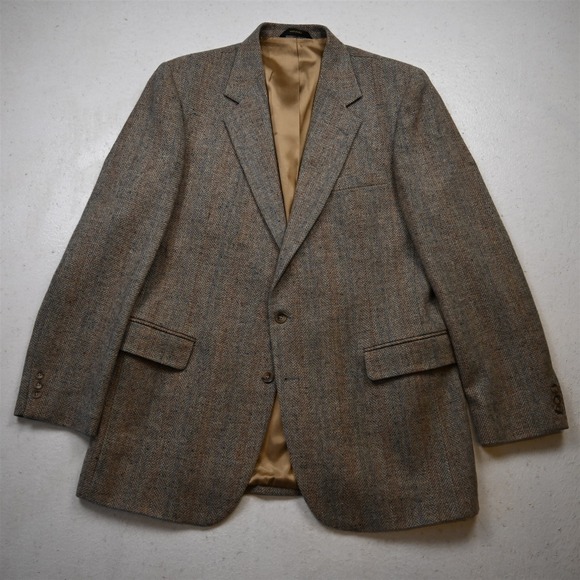 Vtg USA Made 44L Tan Brown 100% Wool Tweed Mens Blazer Suit Jacket Sport Coat